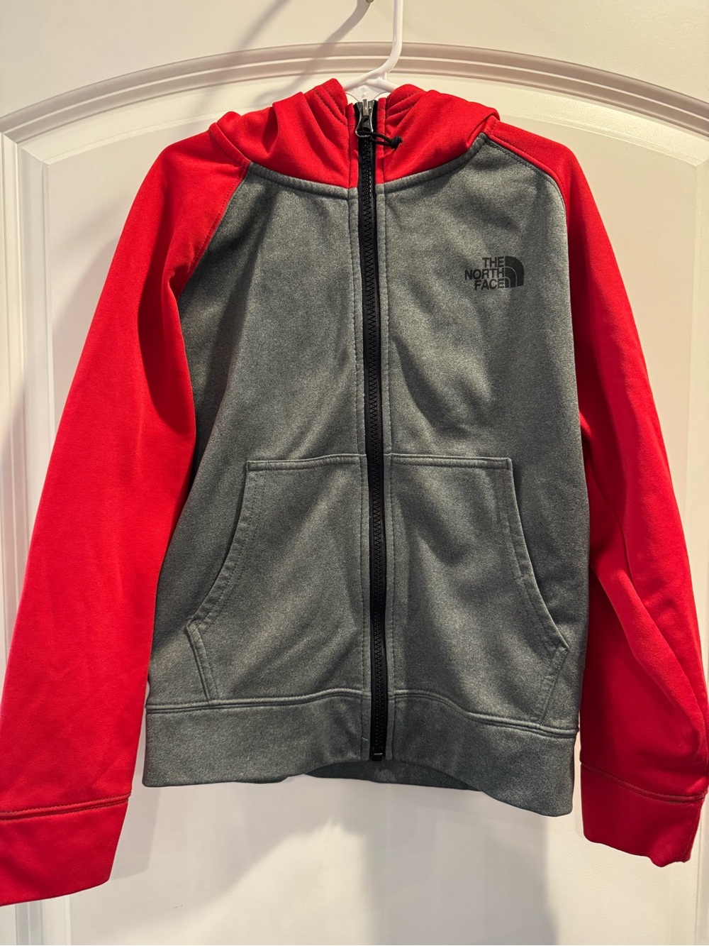 The North Face Kids Red and Gray Full-Zip Hoodie (S, 7/8, tag removed)